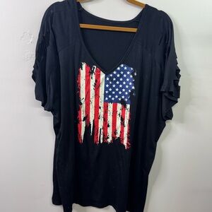 Black V-Neck Short Sleeve Tee with Distressed American Flag